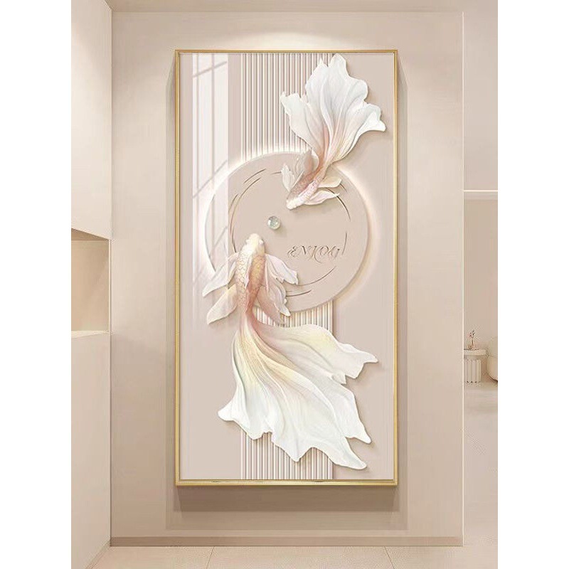 Lucky Koi Fish Painting for Entryway Background Wall, Goldfish Mural, Entryway Decorative Painting, Light Luxury and Elegant Cream Style Wall Art