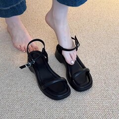 在庫あり～シープスキンバージョン～本革フレンチシンプル万能オープントゥローマンサンダルレディース夏新作プラットフォームソール