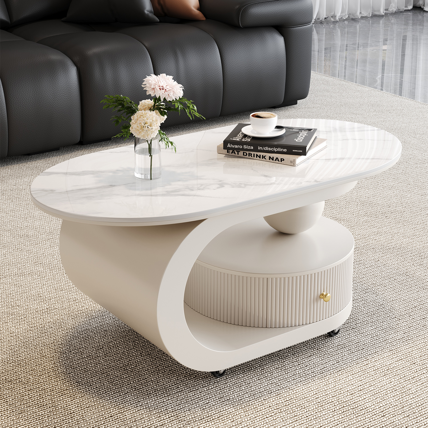 Cream Style Movable Coffee Table Trolley French Light Luxury High-End Living Room Home Small Apartment Storage Sofa Side Table