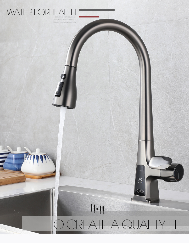 Digital display sensor gun, grey kitchen pull-out faucet, sink, cold and hot pressurized, multi-mode faucet undefined