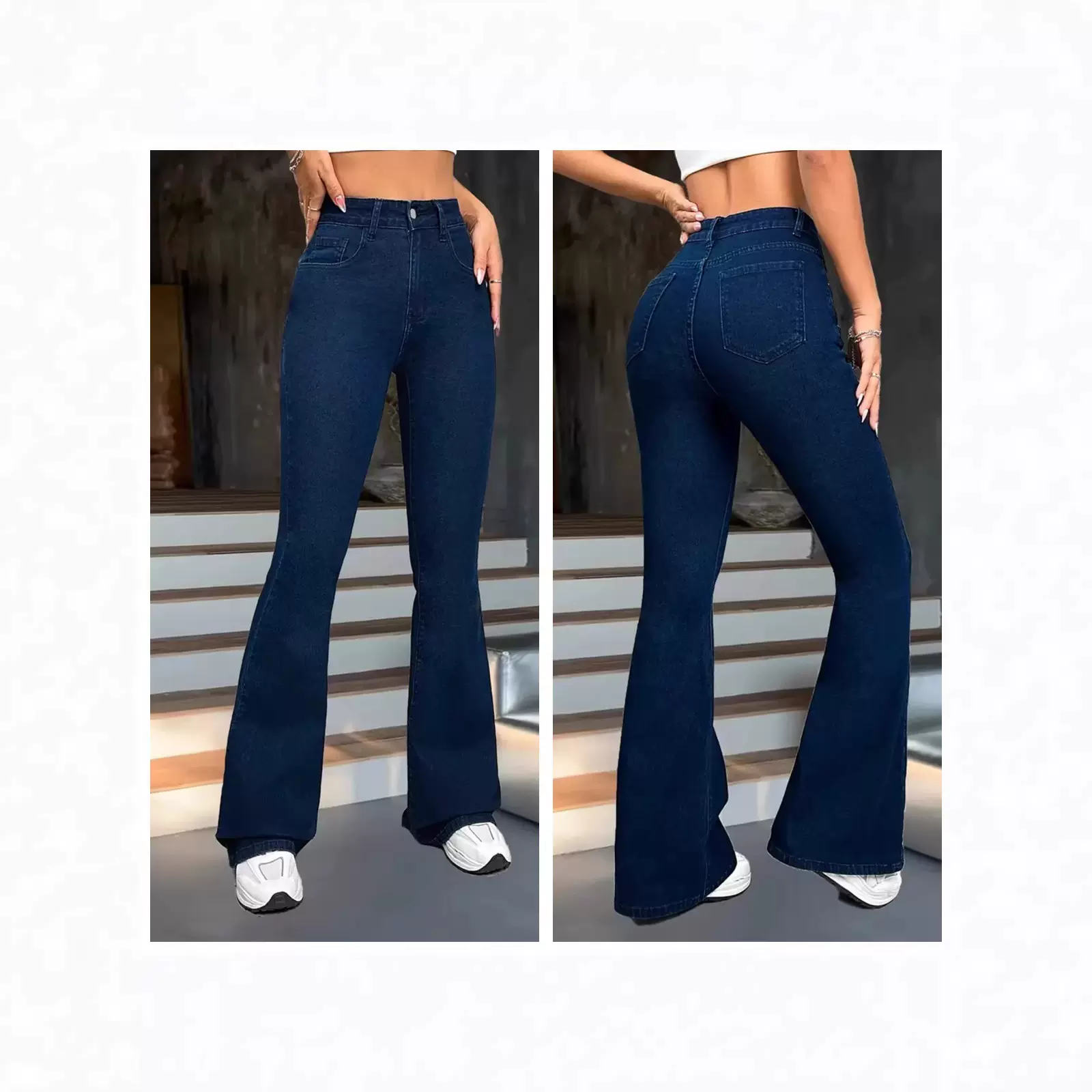 跨境欧美女士牛仔裤弹力简约多工艺深蓝色裤子百搭修身显瘦喇叭长