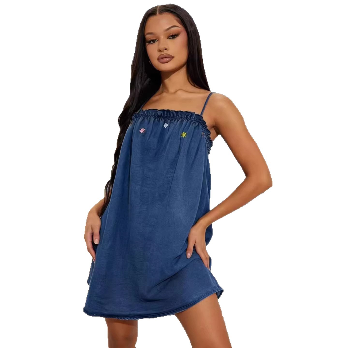 Women's Denim Suspender Dress New Style Floral Embroidery Loose A-Line Short Skirt_ecoleips.com