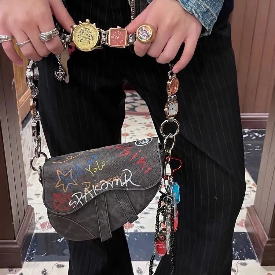 Quirky Sweet Cool Hand-Painted Graffiti Ghost Horse Heavy-Duty Design Crossbody Bag Saddle Bag Shoulder Handbag