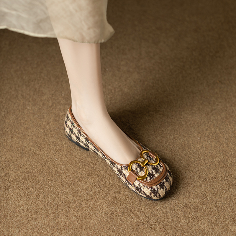 Retro-Mokassins für Damen mit Karomuster, eckiger Zehenpartie, Schnürung, Metallschnalle, zum Hineinschlüpfen, weiche Sohle, niedriger Schaft, Herbst_voghion.com