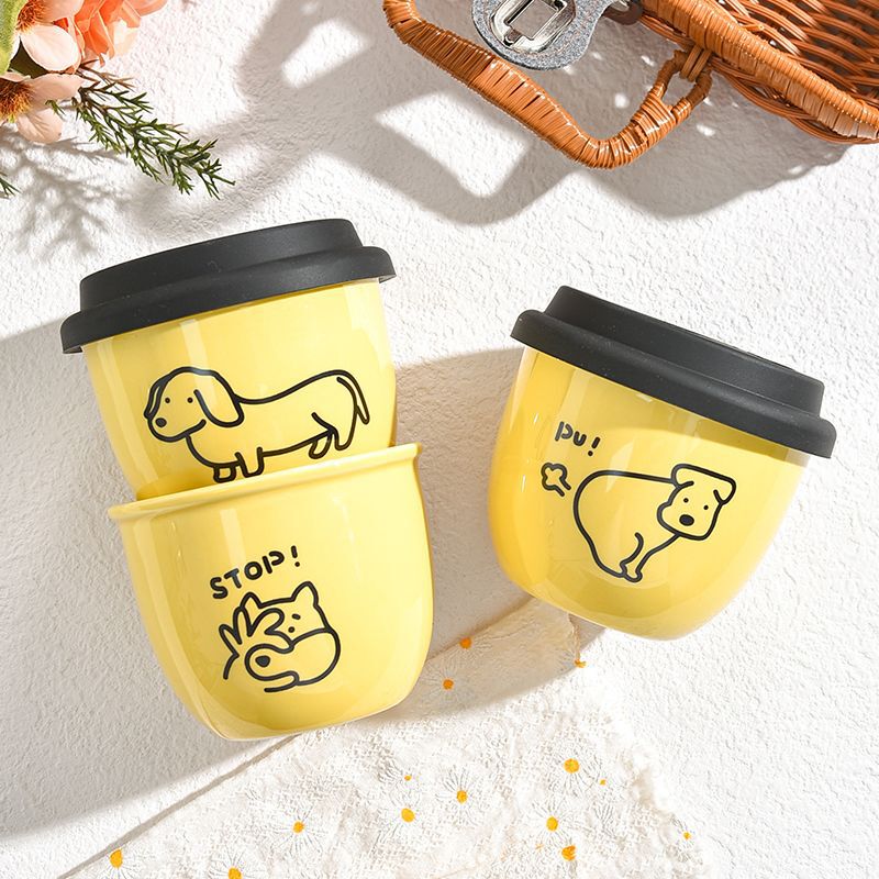 Graffiti Puppy Egg-Shaped Cup, Yellow Quirky Hand-Held Coffee Cup with Lid, Ceramic Mug, Customizable Logo