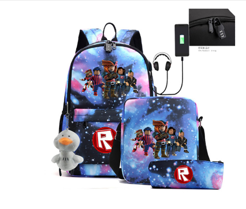 2023 juego de roblox transfronterizo alrededor de carga USB bolso de hombro masculino y femenino bolso de lápiz de un solo hombro conjunto de tres piezas para estudiantes de secundaria