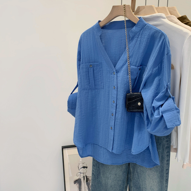 European-Style Commuter Linen V-Neck Blue Shirt Jacket for Women, Early Autumn 2025 New Model, High-End and Unique Top