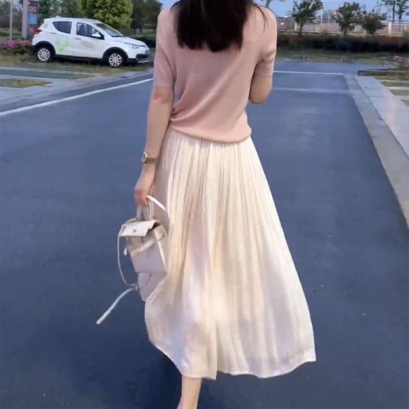 Flowing Gauze High-Waisted Flared Skirt for Women, Long Skirt, 2025 Summer New Style, Petite Slimming Mid-Length Skirt