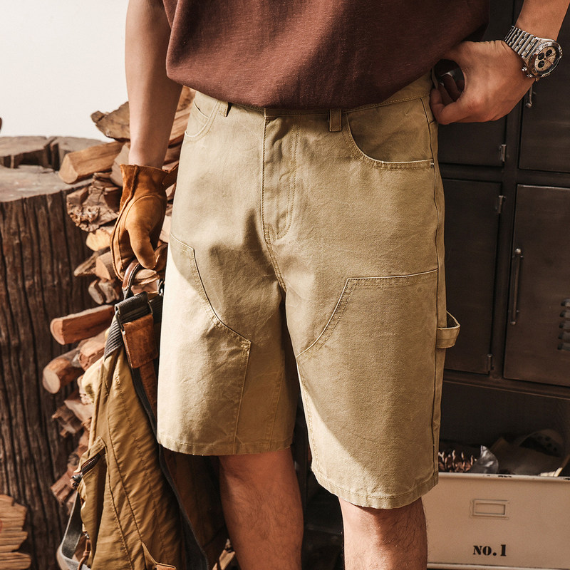 American retro washed denim lumberjack work shorts for men, summer straight-leg denim mid-length pants, trendy loose-fitting shorts American retro washed denim lumberjack work shorts for men, summer straight-leg denim mid-length pants, trendy loose-fitting shorts