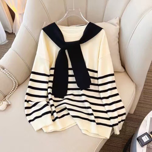 Wgwe7909 Korean-Style Navy Collar Shawl Striped Sweater Women's Designer Knit Top