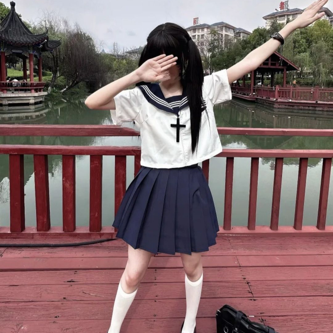 原创日系JK制服穿搭正统白三本水手服上衣搭配同色百褶裙软妹套装