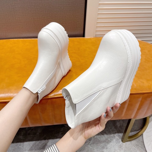 Wedge super high heel short boots 14CM autumn and winter new style small platform thick-soled Martin boots white inner height increasing women's shoes