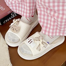 可爱春秋卡通情侣亚麻拖鞋蝴蝶结四季室内厚底防滑家用居家棉麻