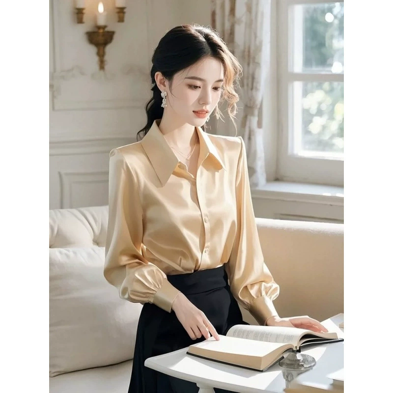 2025 новый женский легкий экстравагантный чувство высокого класса Гонконг стиль рубашка уникальная красивая шампанское атласная рубашка топ весна