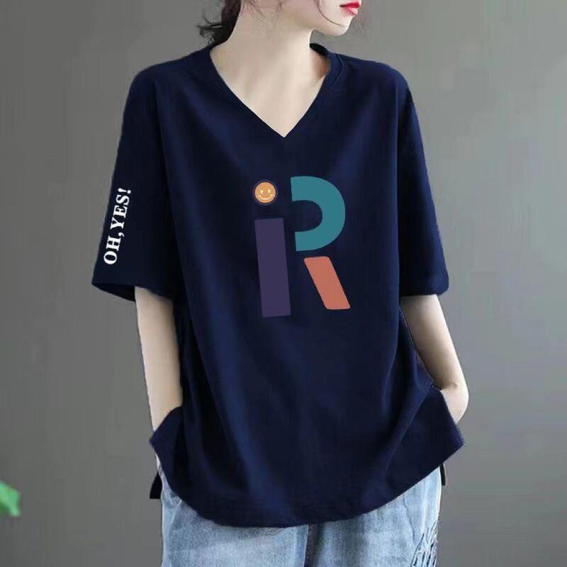 Clearance Sale Short Sleeve T-Shirt for Women V-Neck Summer New Loose Plus Size Tummy-Covering Slimming Fashion Printed Tee Top