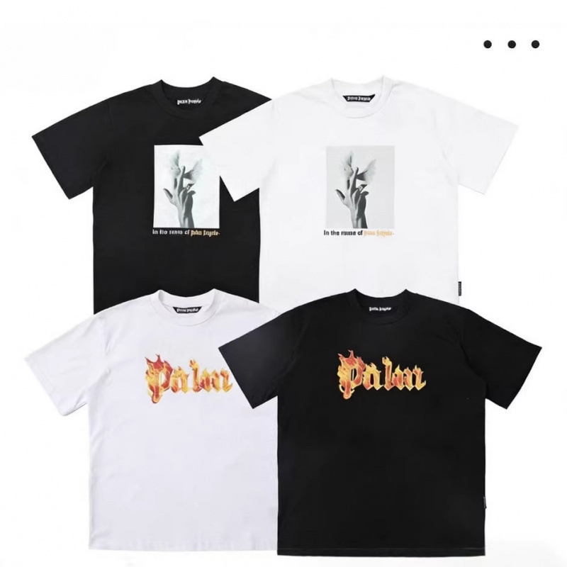 Palm Palm Angel Flame Letter Short Sleeve T-Shirt with Angel Palm Print, American High Street Style, Pure Cotton, Couple's T-Shirt