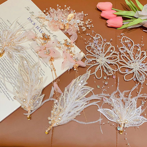 Children's hair accessories pearl feather tassel hair clip runway hair pin bride wedding headpiece New Year performance high-end accessories