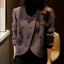 2025秋冬新款重磅上新双排扣休闲短款呢外套圆领毛呢小个子