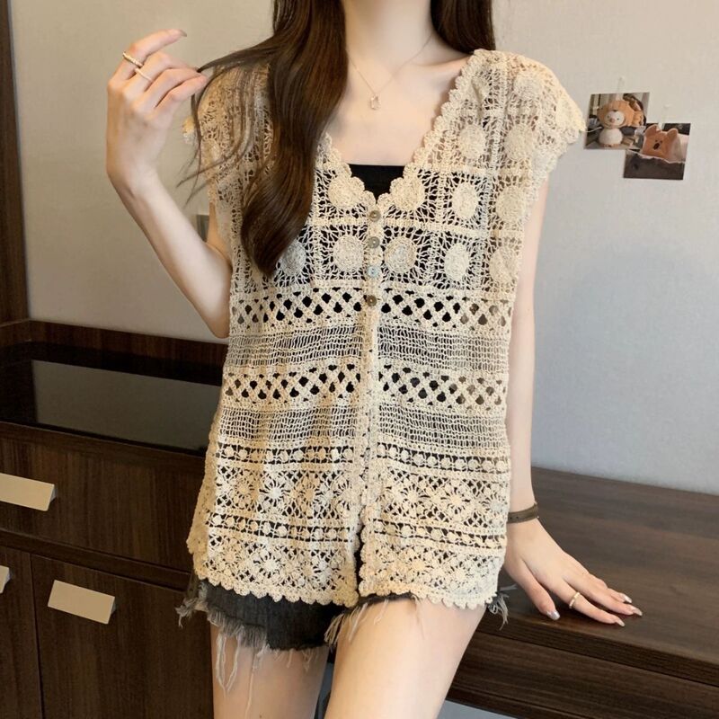 Bohemian V-Neck Crochet Hollow Knitted Vest Women's Vintage Artistic plus size chubby girl Stacked Top Vest