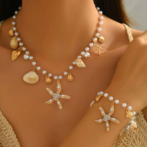 European and American Accessible Luxury Ocean Style Pearl Jewelry Set Metal Style Pearl Conch Scallop Pendant Anklet Necklace Bracelet