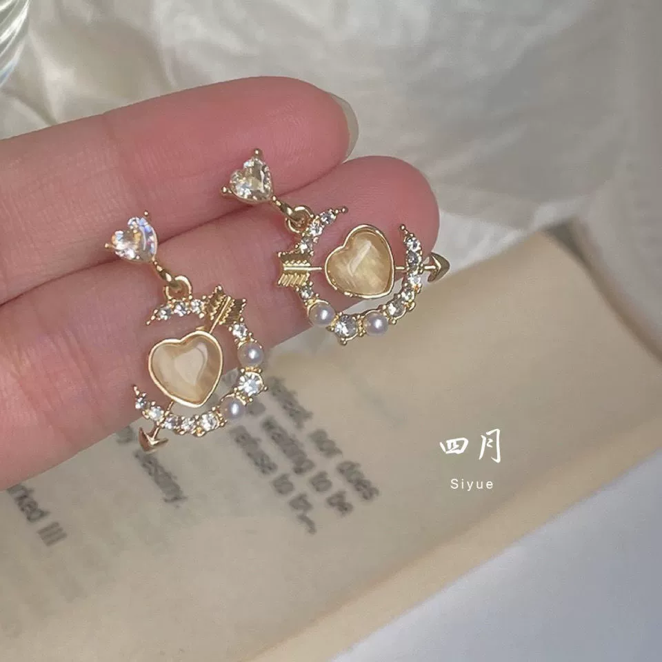 Серьги, цирконий, клипсы для ушей, корейский стиль, шампанское, кошачий глаз