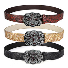 新款压花凤尾纹腰带做旧复古滴油雕花扣头潮流百搭装饰男女士皮带