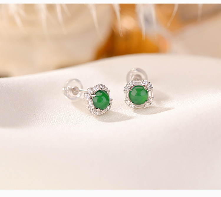 Khuyên tai nữ bạc S925 mạ vàng đính ngọc bích hình hạt tròn vuông phong cách retro — Kiểu màu bạc, Kiểu màu vàng chi tiết 6