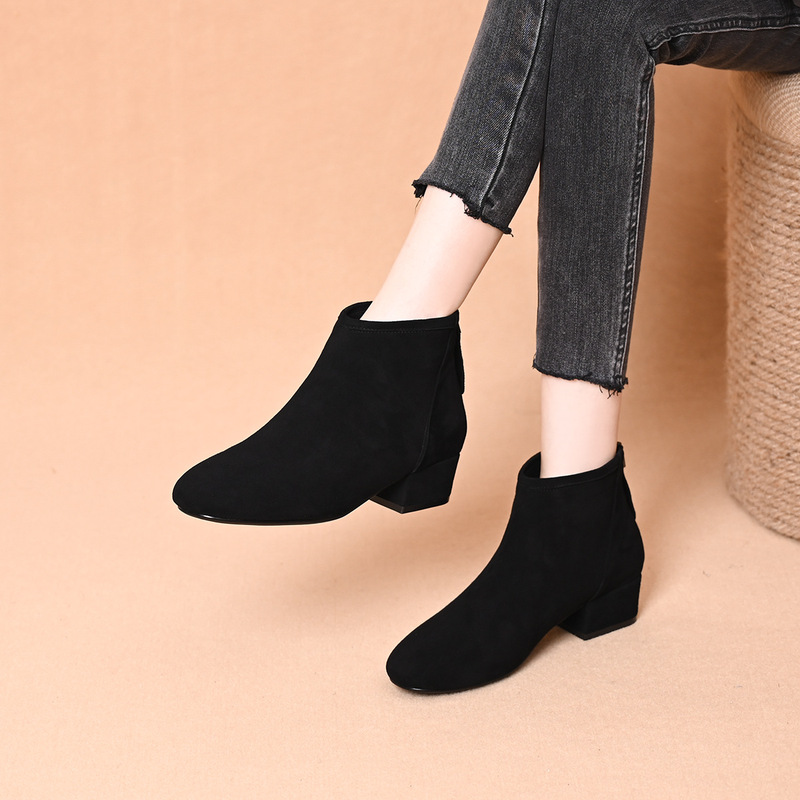 Frosted Short Boots for Women with Round Toes = Thick Heel, Slim Boots, Versatile Single Boots, Low Heel Short Boots, Velvet Fashion Boots, European Goods