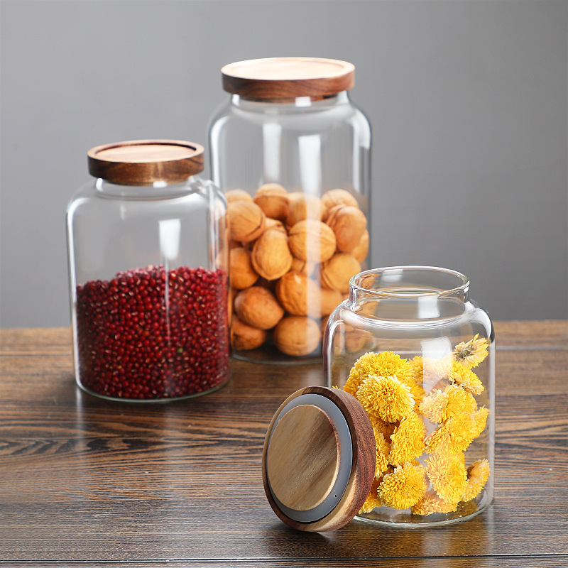 Glass Pericarpium Citri Reticulatae Jar Cordyceps Chinese Herbal Medicine Storage Jar Display Bottle Acacia Wood Sealed Jar Food Tea Storage Jar