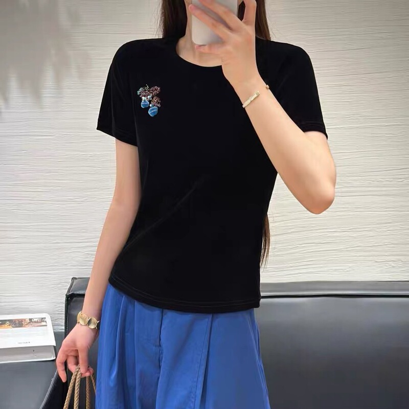 New Chinese-Style Retro Round-Neck Velvet Top with Lace Embroidery on the Back, Blue Balloon Shirt, Exquisite Summer 2026 Shirt