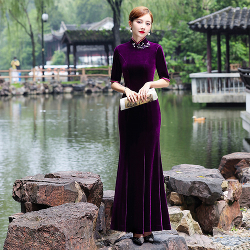 cheongsam Chinese Dress qipao for women girls host singer performance miss etiquette performing gown mother-in-law improved pleuche fishtail cheongsam