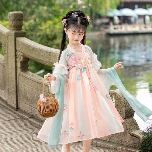 Hanfu Girl Spring Skirt 2024 Factory New Ancient Style Exquisite Chinese Style Dress Children's Ancient Style Tang Style Dress