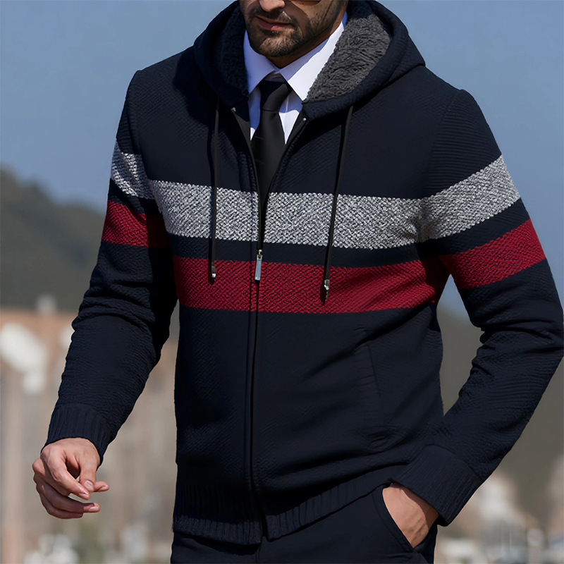 Foreign Trade Cross-Border 2025 Autumn and Winter New Men's Sweater Men's Stripesd Knitted Jacket Youth Hooded Sweatshirt Men's Ready Stock