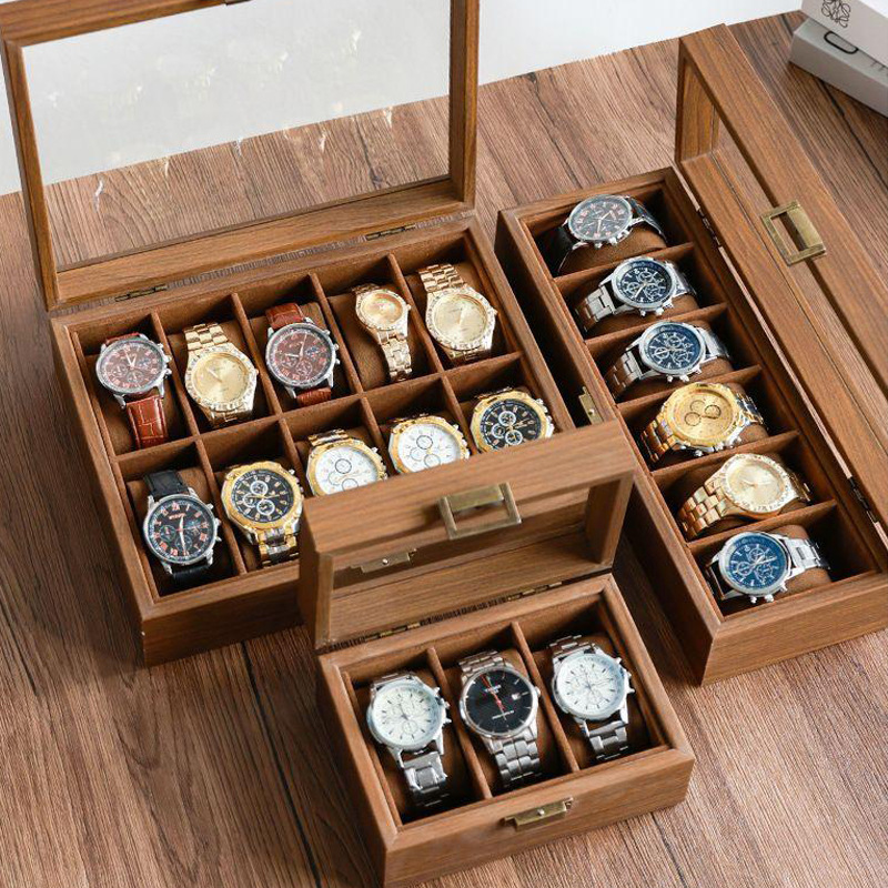 High-End Wood-Colored Watch Box for Home Use, Large-Capacity Watch and Jewelry Integrated Storage Box, Bracelet Retro Transparent Display Box