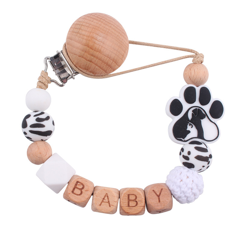 Nuevo clip de pezón de haya para bebé, dibujos animados, animal, garra de perro, cuentas de silicona, nombre de bebé de bricolaje, cadena de pezón, cadena anti-caída
