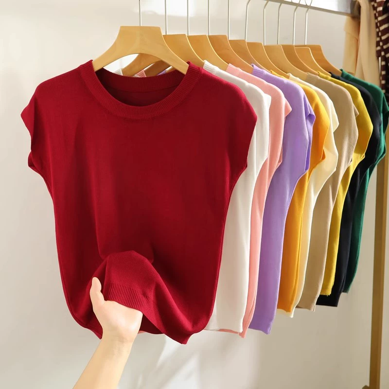 Knitted summer thin sweater, solid T-shirt sleevless, western style, slim fit