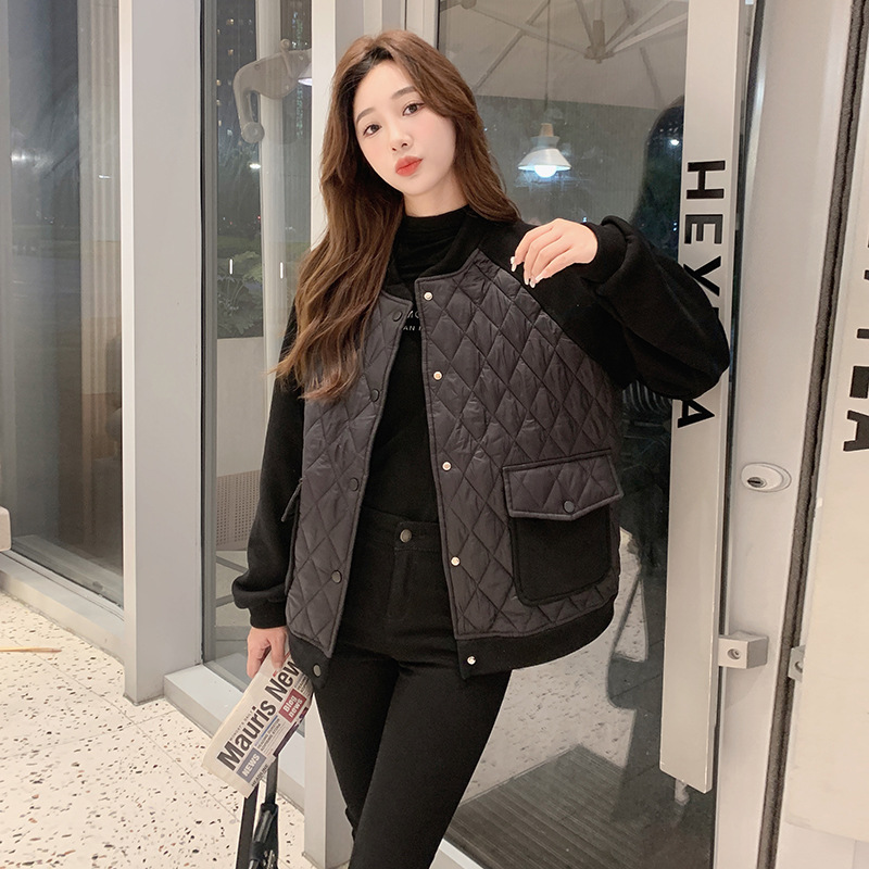 Ropa de algodón de empalme de diamante coreana para mujeres 2023 otoño y invierno nuevo abrigo de algodón caliente original de cuello redondo de diamante para mujeres