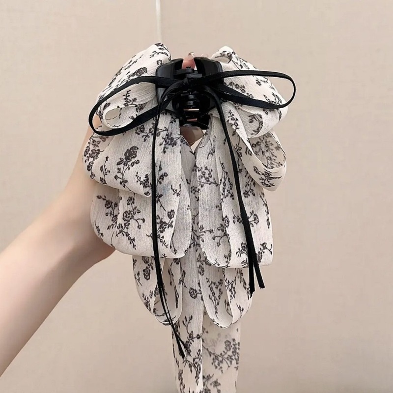 新しい中国風のスプラッシュインクプリントメッシュリボンポニーテールクリップ、甘いプリンセスの雰囲気、軽い豪華な気質のクリップ|undefined
