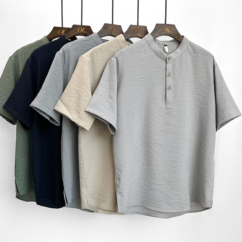 Japanese retro Henry collar seersucker shirt men's summer thin UJIA Ice Silk short sleeve T-shirt men's casual half sleeve