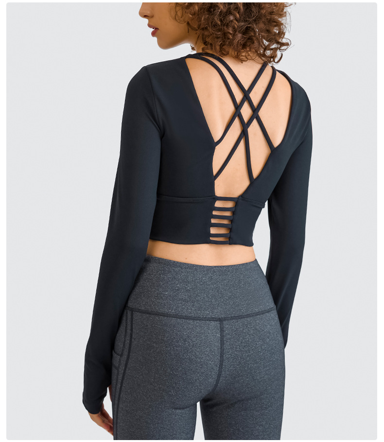 solid color back thin shoulder straps cross long-sleeved yoga top NSDQF127359