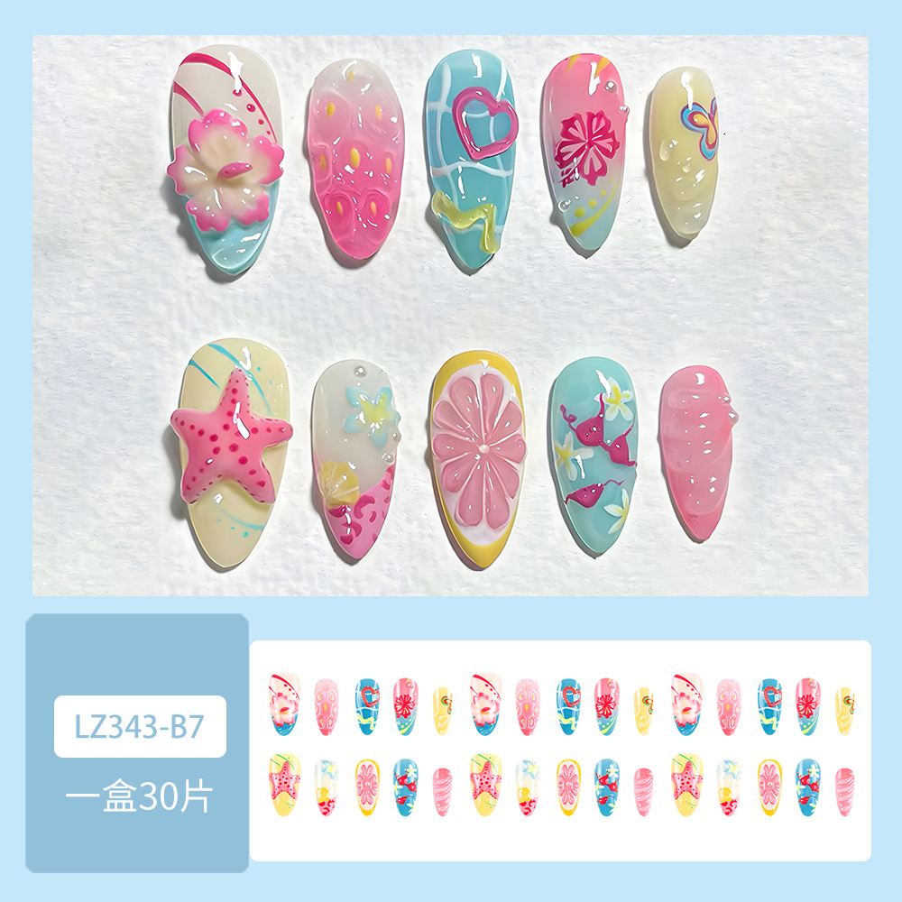 Pegatinas de uñas con diseño de dopamina europeas y americanas, puntas de uñas coloridas en forma de corazón estilo macaron, 30 piezas de uñas postizas cortas y desmontables.