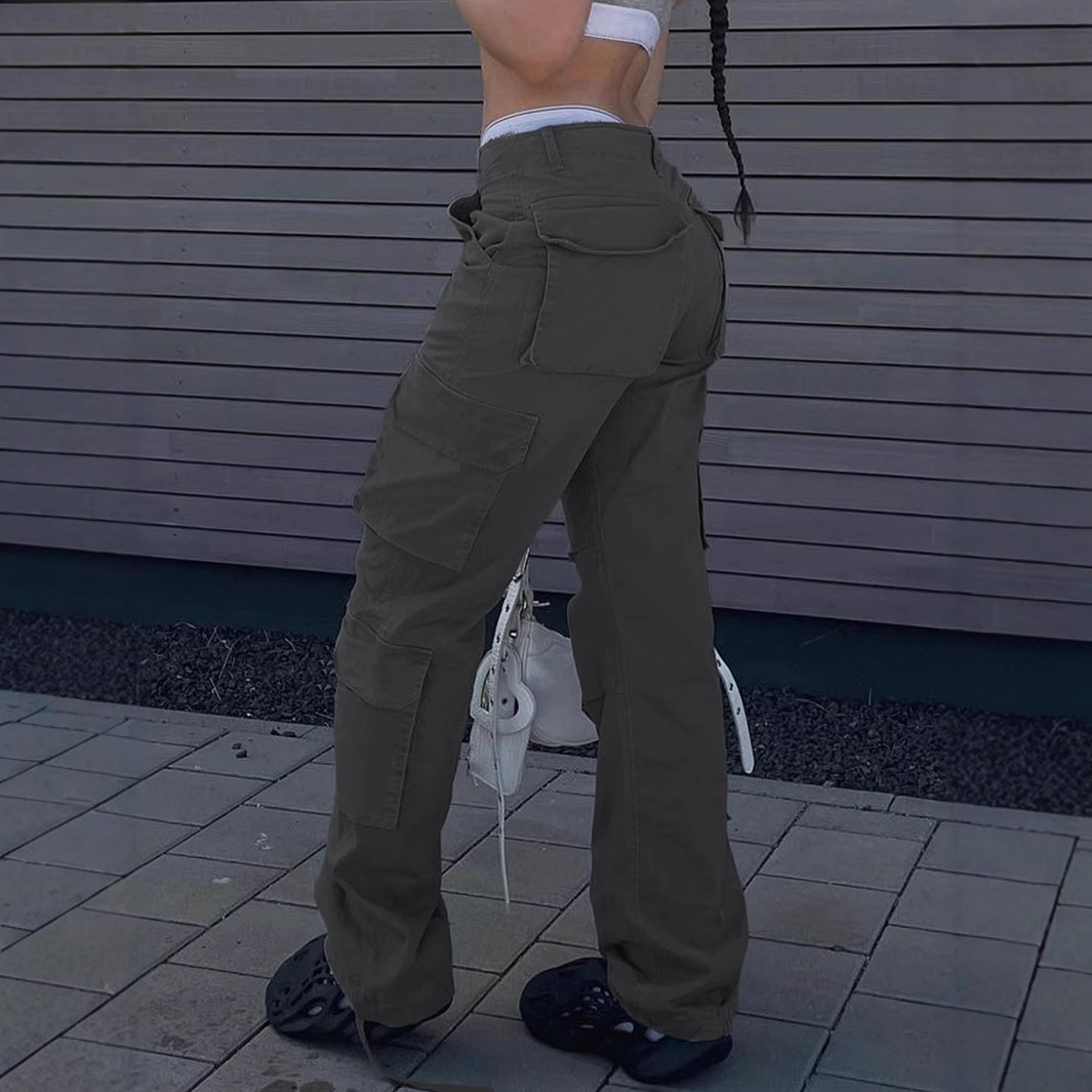 Ropa de mujer, color liso, estilo urbano, cintura alta, recta, holgada, con múltiples bolsillos, estilo de trabajo, moderna, para chica atractiva, pantalones casuales, ropa de mujer_voghion.com