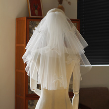 V385双层领证登记求婚新娘头纱 超仙白色丝带蝴蝶结拍照道具