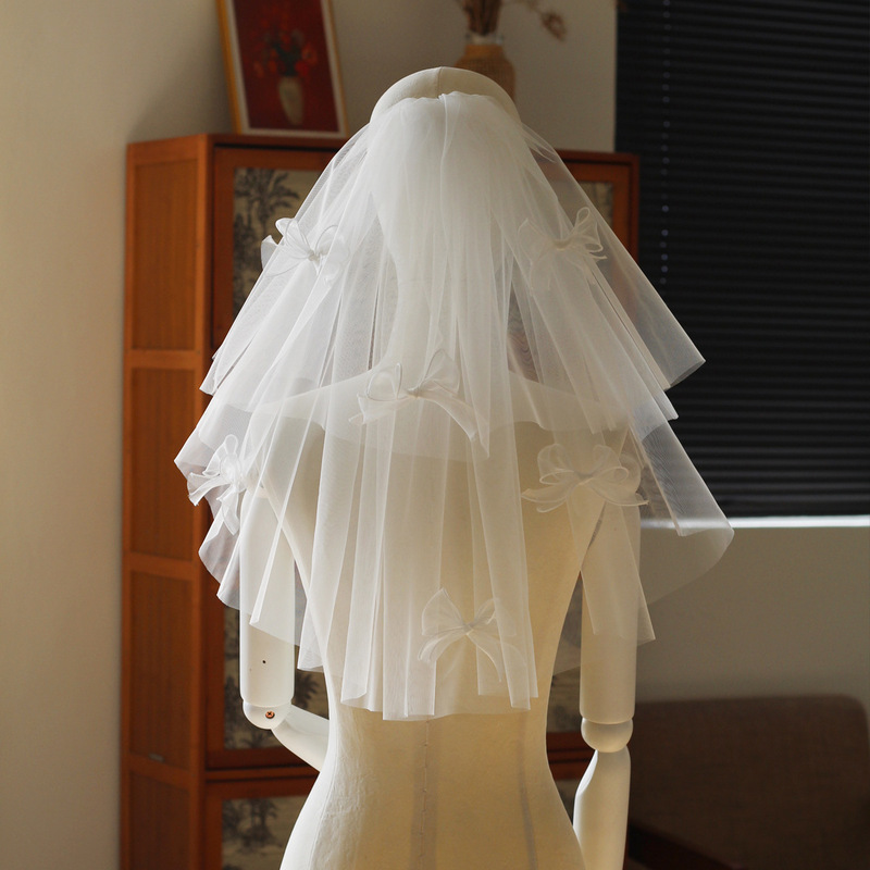 V385 Double-layer Certificate Registration Proposal Bridal Veil Super Fairy White Ribbon Bow Photo Props