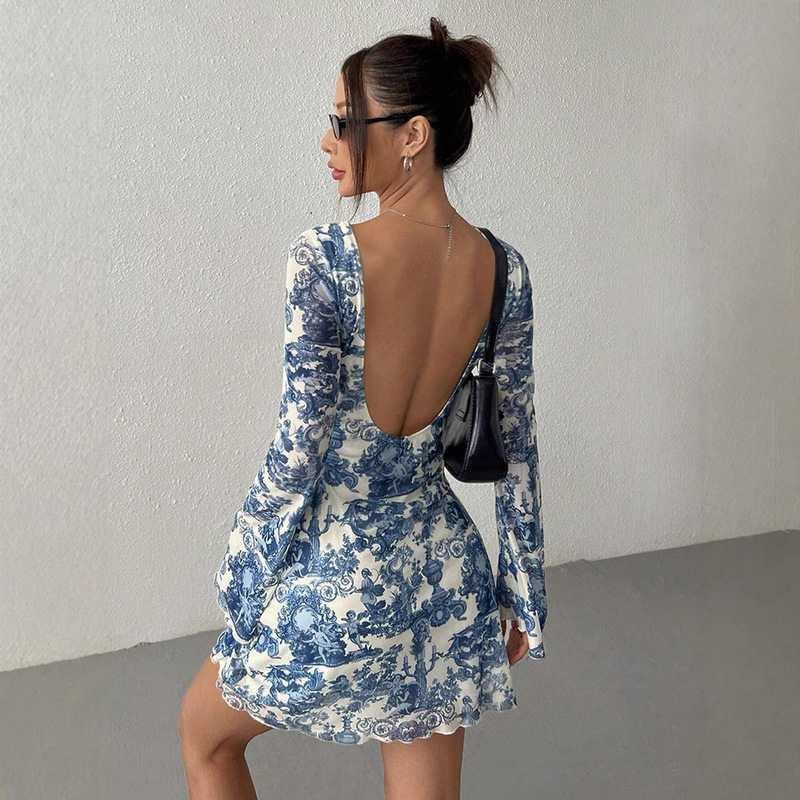 European and American Cross-Border Amazon Independent Site 2026 Spring/Summer New Women's Printed Flared Sleeve Backless Mesh Dress