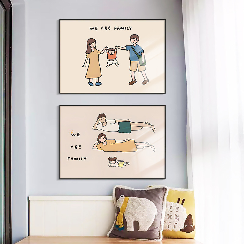 Happy Family Modern Cartoon Decorative Painting Warm Healing Series Children's Room Wall Art for Three or Four-Person Family