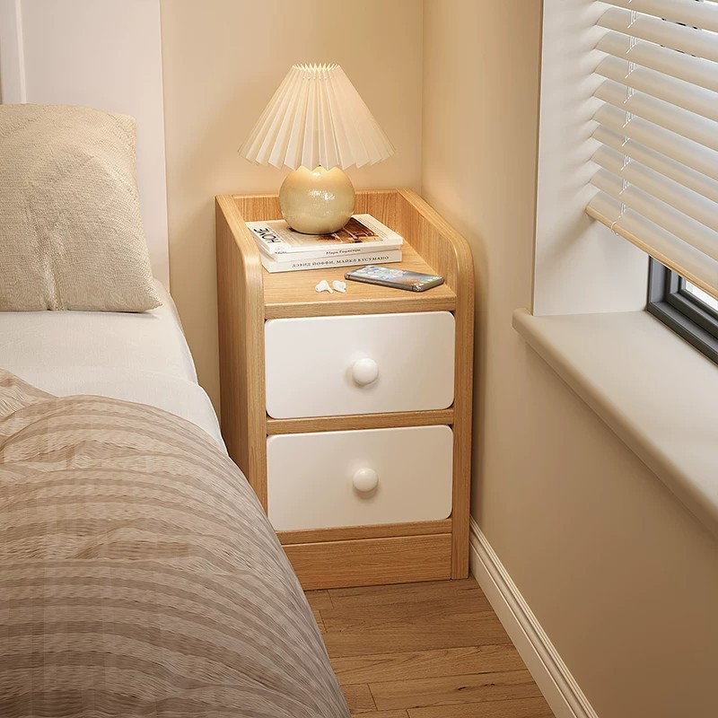 Mesita de noche de madera maciza, estante de almacenamiento para dormitorio, gabinete de almacenamiento ultraestrecho estilo francés color crema, gabinete de almacenamiento delgado para rincones.
