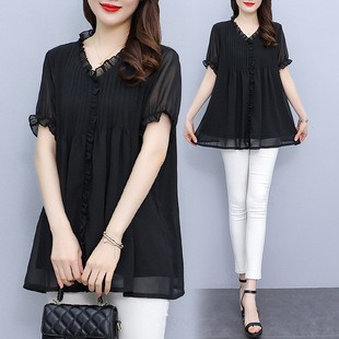 2025 New Summer Plus Size Women's Clothing Covers Belly and Makes Fat mm Slimming Look Short-Sleeved T-Shirt Loose Plus Fat Plus Size Top