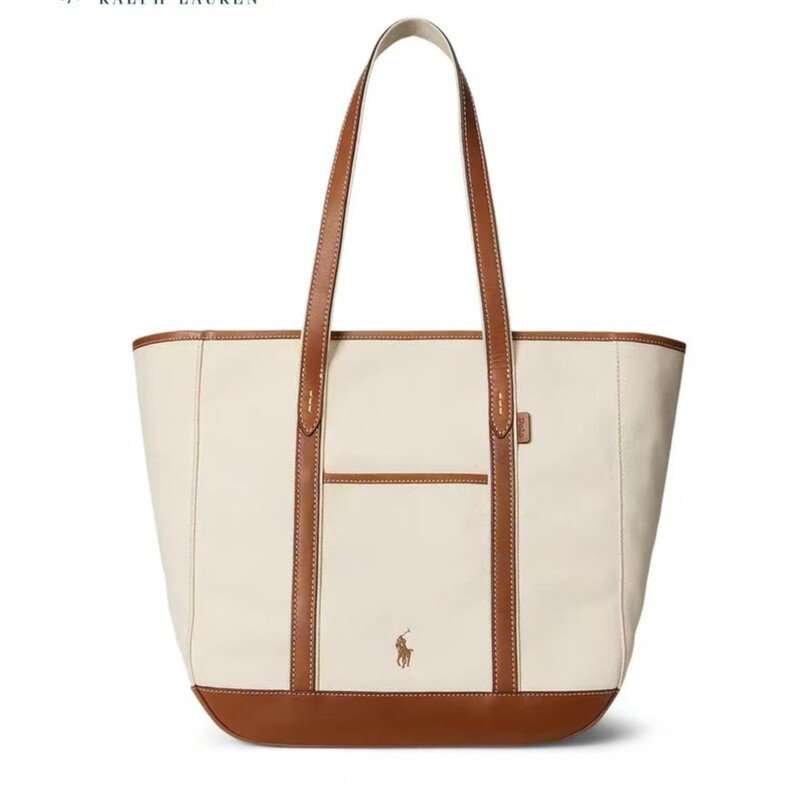Cross-Border New Model Polo Ralph Lauren Canvas and Leather Handbag Women's Medium Tote Bag Classic Shoulder Bag