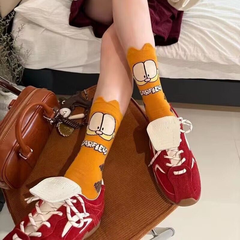 Autumn and Winter Cartoon Garfield Japanese Cute Socks Girls Stockings Creative Funny Design Piled Socks Mid-tube Socks